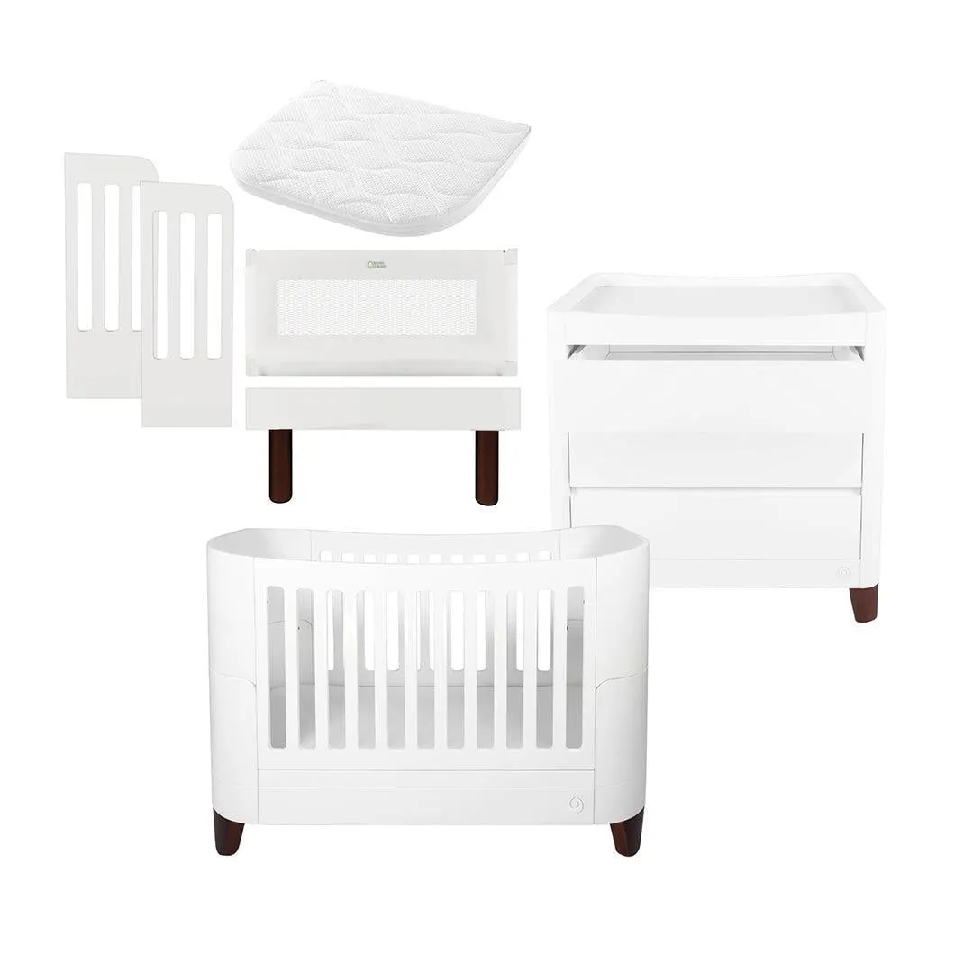 Gaia Baby Serena Cot Bed   Bedside Crib Set (Incl Bedside mattress), Cot Bed and Dresser - White / Walnut