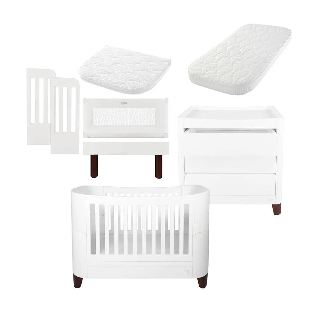 Gaia Baby Serena Cot Bed   Bedside Crib Set (Incl Bedside mattress), Cot Bed and Dresser - White / Walnut