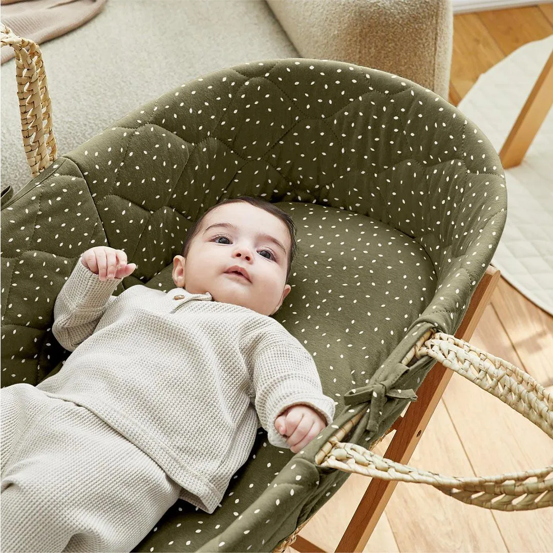 The Little Green Sheep Natural Quilted Moses Basket   Mattress - Juniper Rice Print