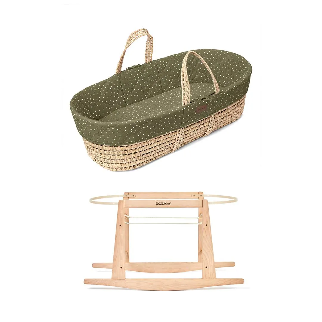 The Little Green Sheep Natural Quilted Moses Basket   Mattress - Juniper Rice Print