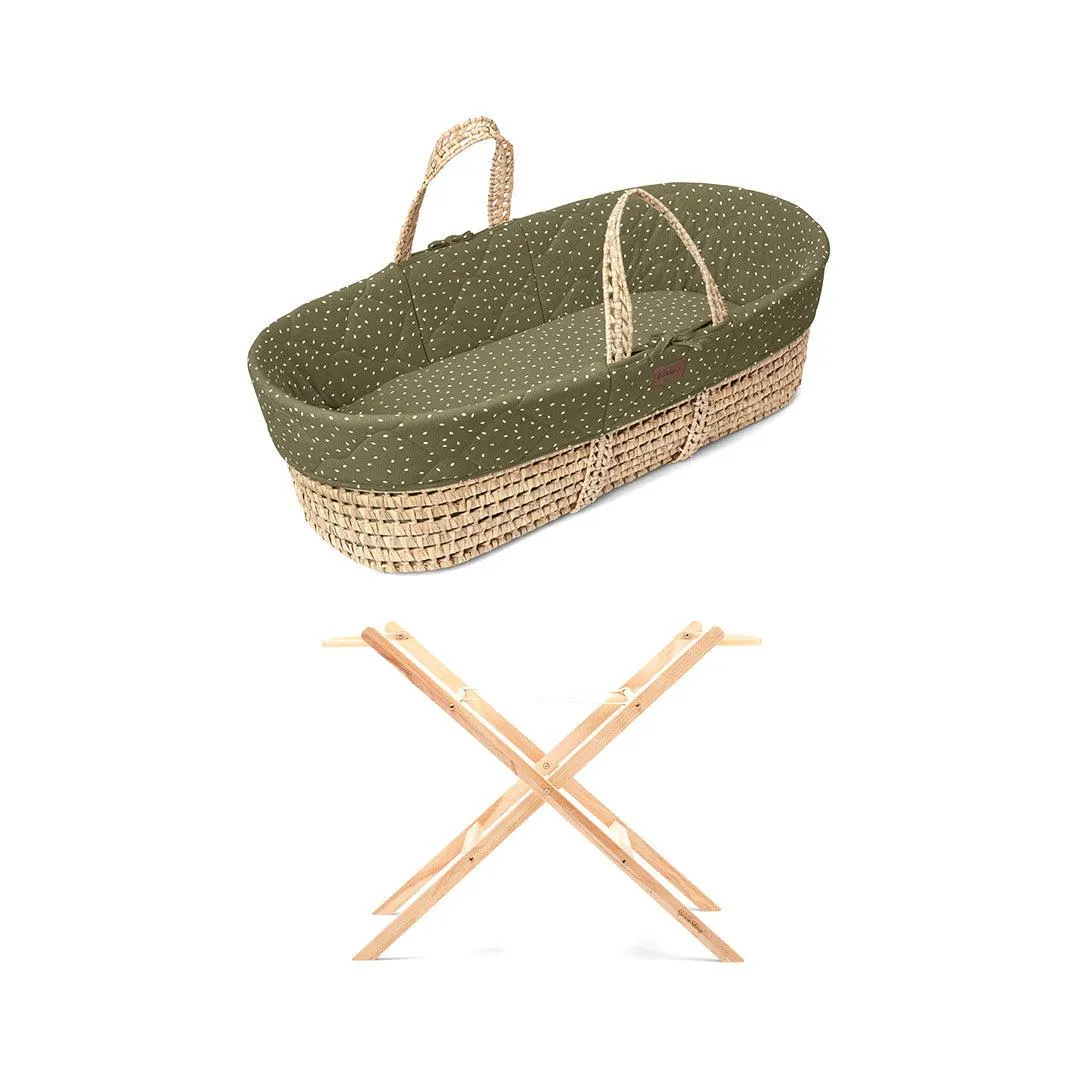 The Little Green Sheep Natural Quilted Moses Basket   Mattress - Juniper Rice Print