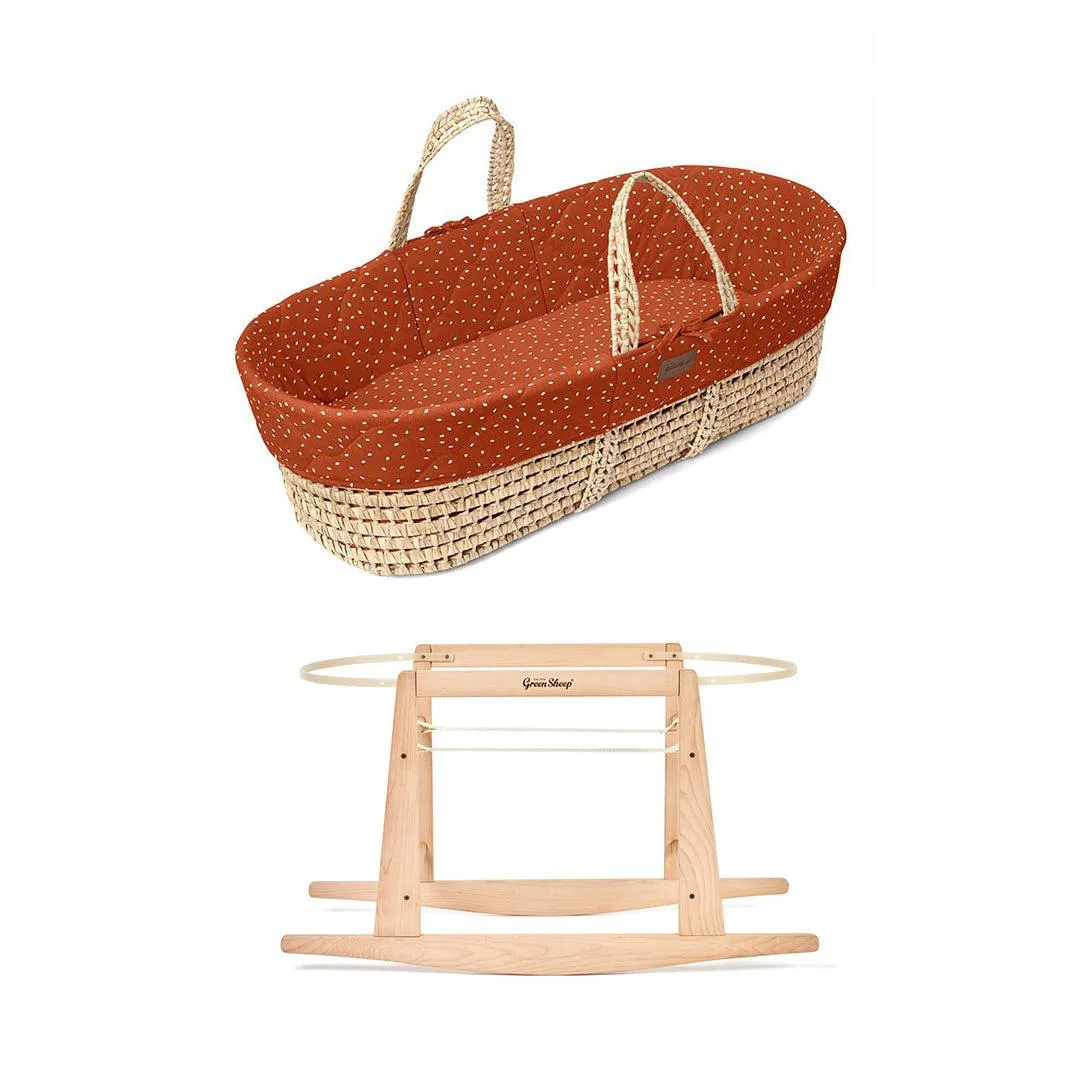 The Little Green Sheep Natural Quilted Moses Basket   Mattress - Terracotta Rice Print