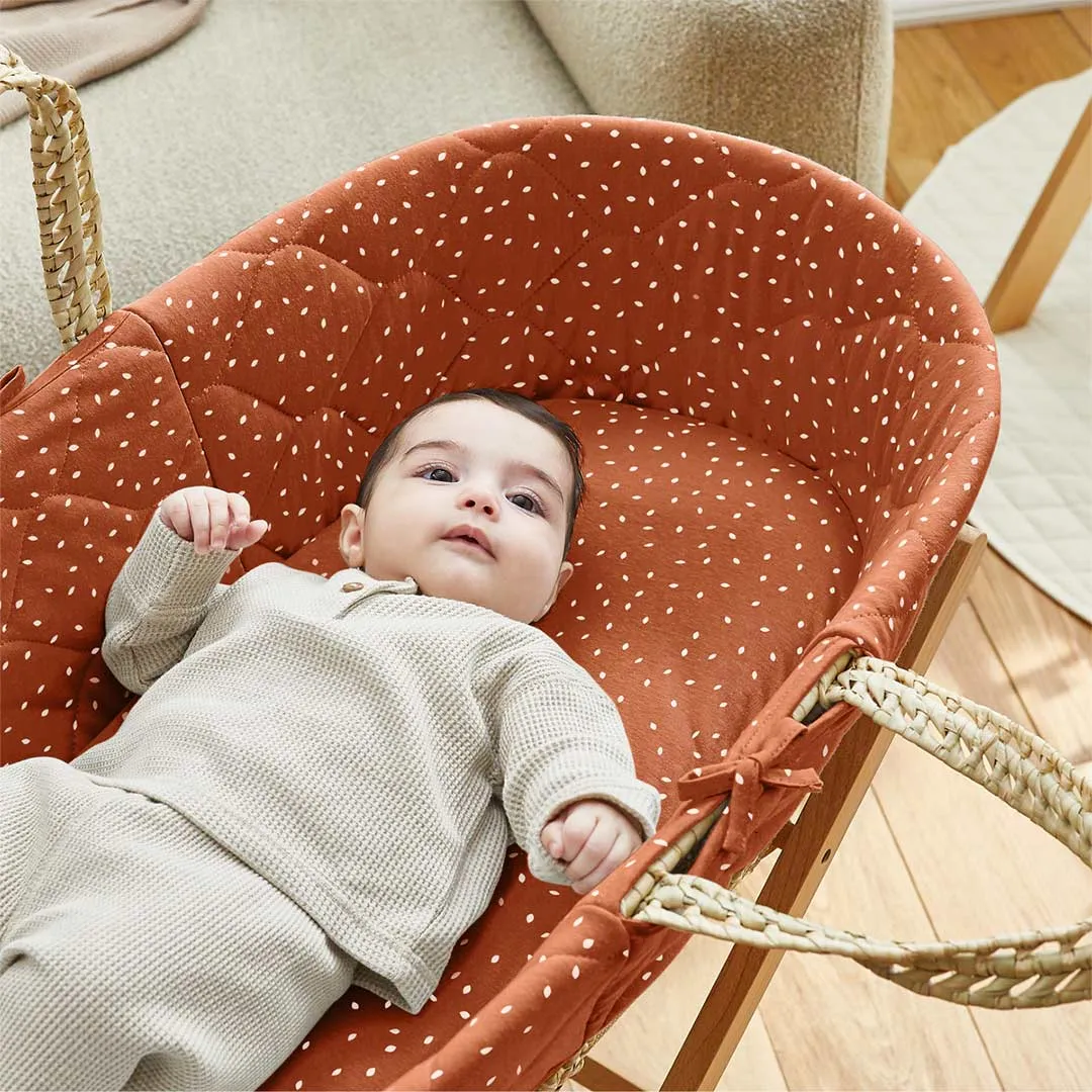 The Little Green Sheep Natural Quilted Moses Basket   Mattress - Terracotta Rice Print