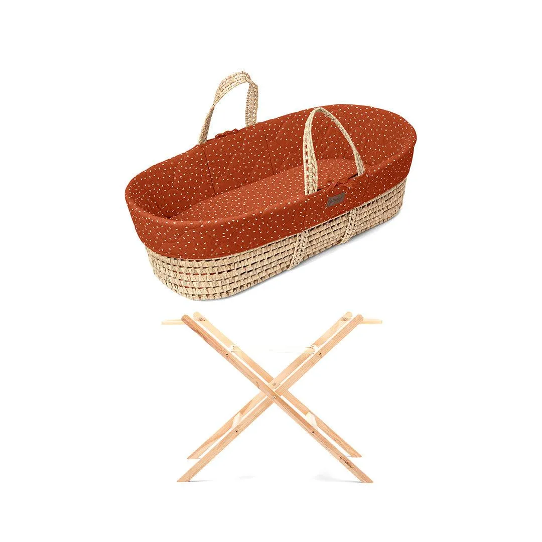 The Little Green Sheep Natural Quilted Moses Basket   Mattress - Terracotta Rice Print