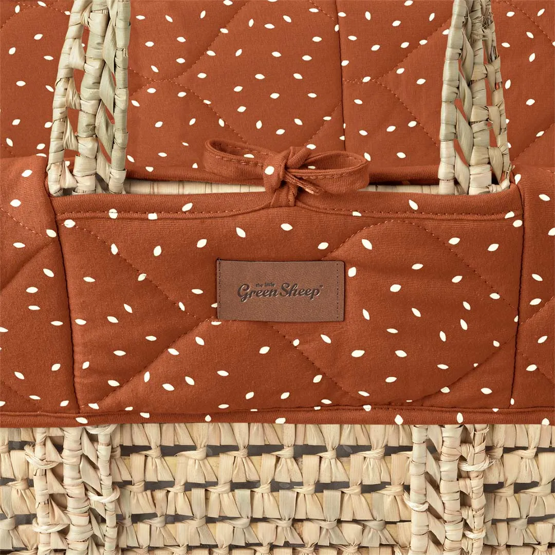 The Little Green Sheep Natural Quilted Moses Basket   Mattress - Terracotta Rice Print