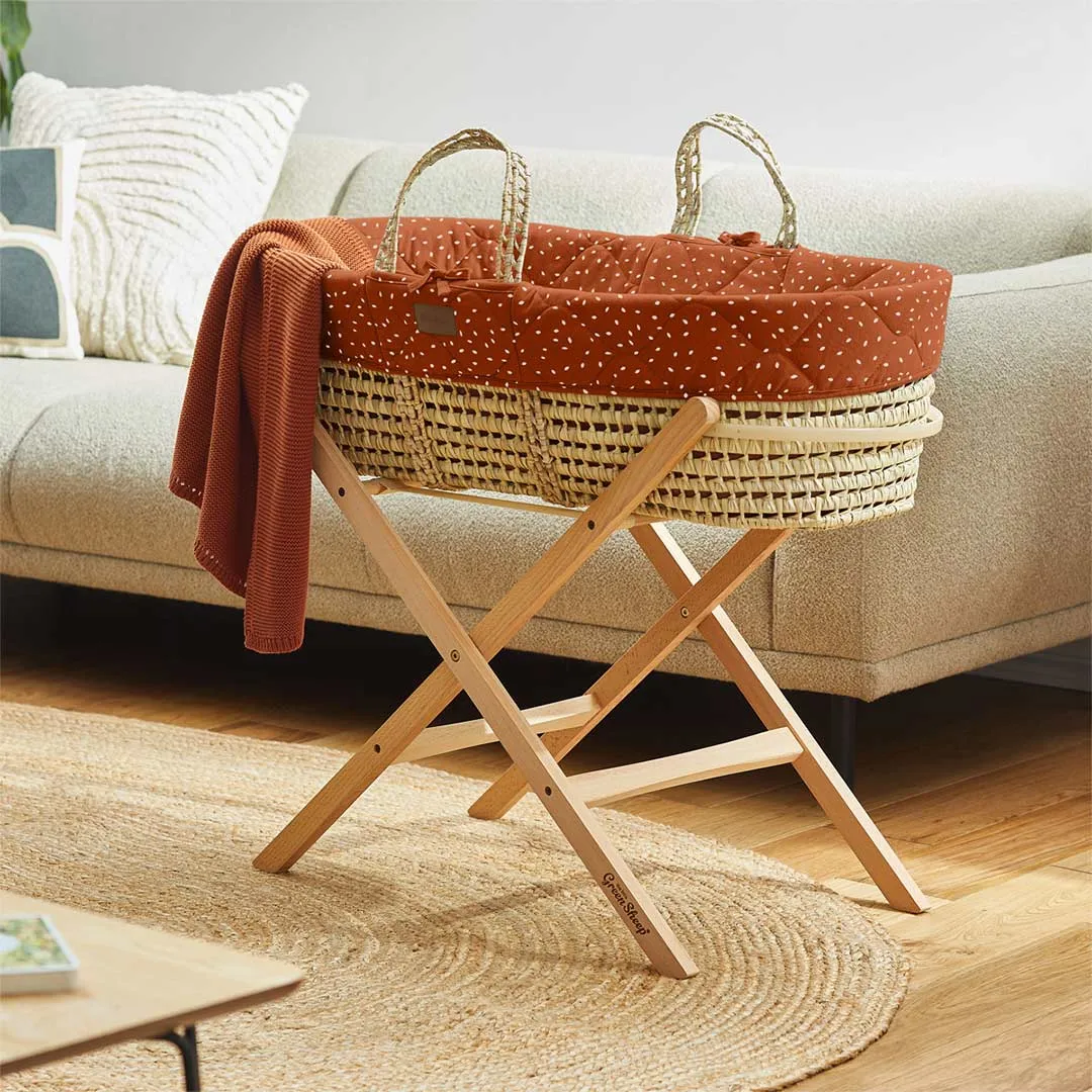 The Little Green Sheep Natural Quilted Moses Basket   Mattress - Terracotta Rice Print