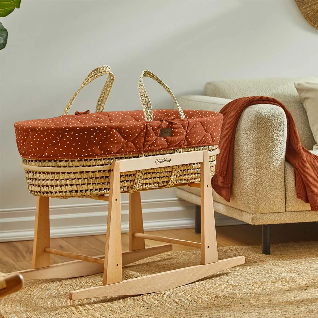 The Little Green Sheep Natural Quilted Moses Basket   Mattress - Terracotta Rice Print