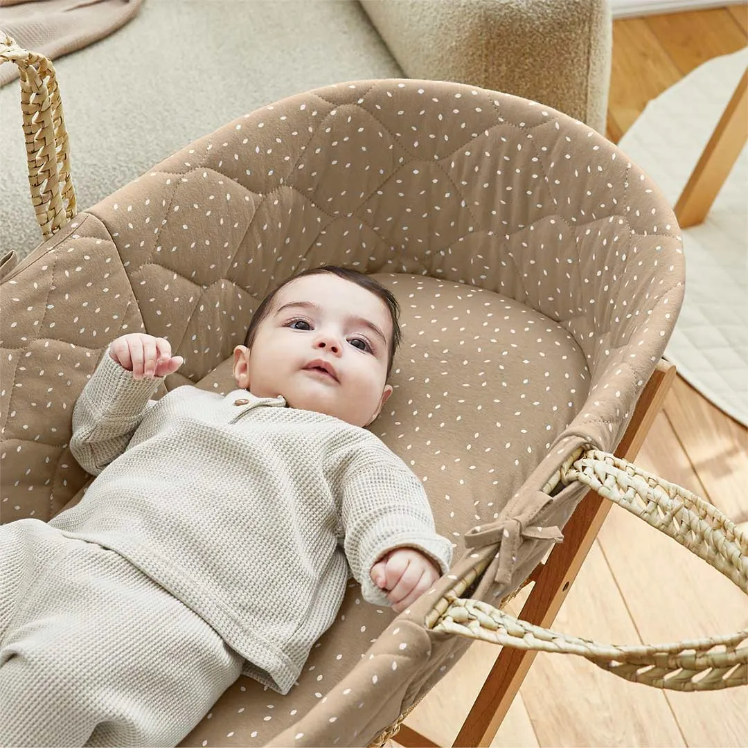 The Little Green Sheep Natural Quilted Moses Basket   Mattress - Truffle Rice Print