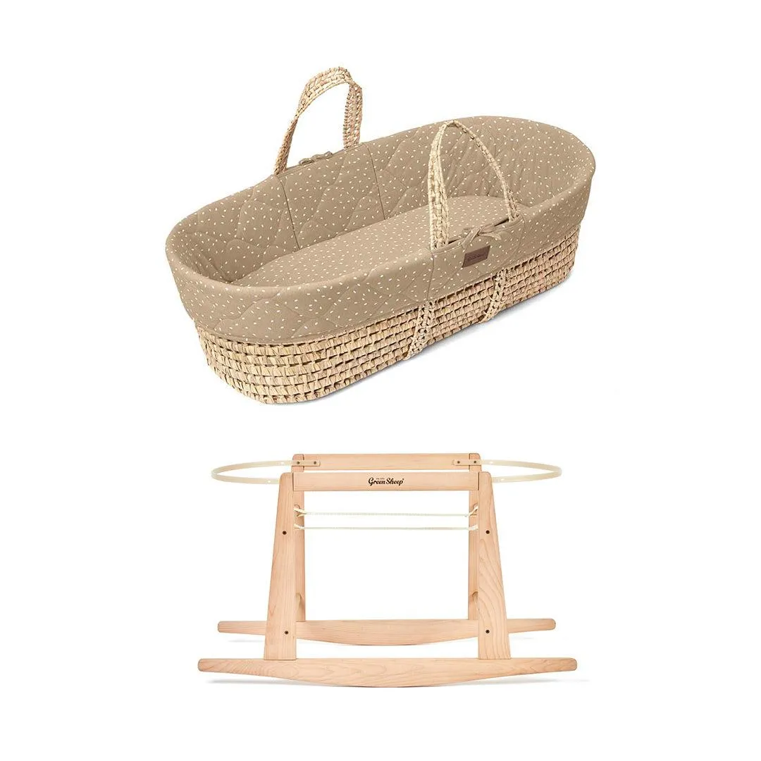 The Little Green Sheep Natural Quilted Moses Basket   Mattress - Truffle Rice Print
