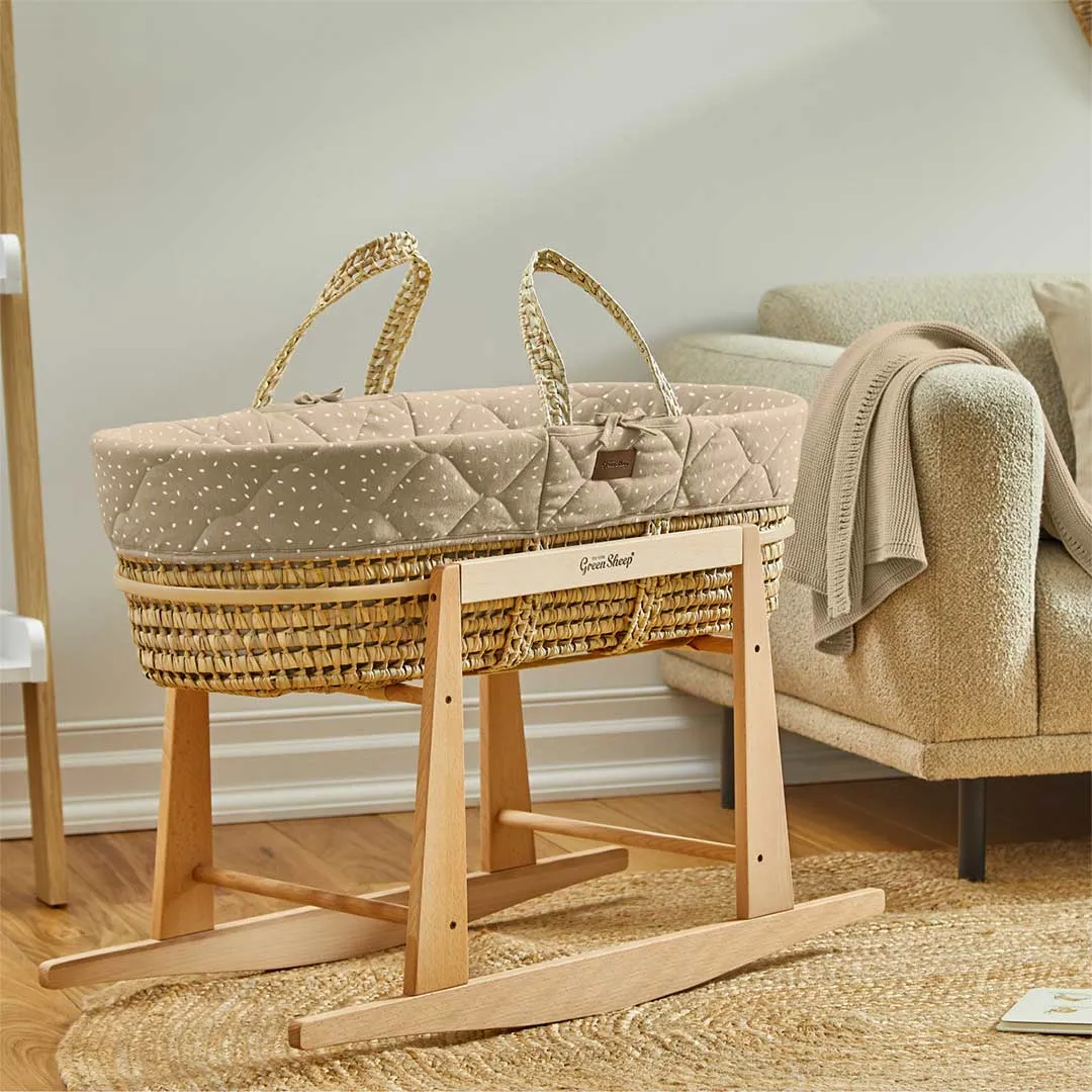 The Little Green Sheep Natural Quilted Moses Basket   Mattress - Truffle Rice Print