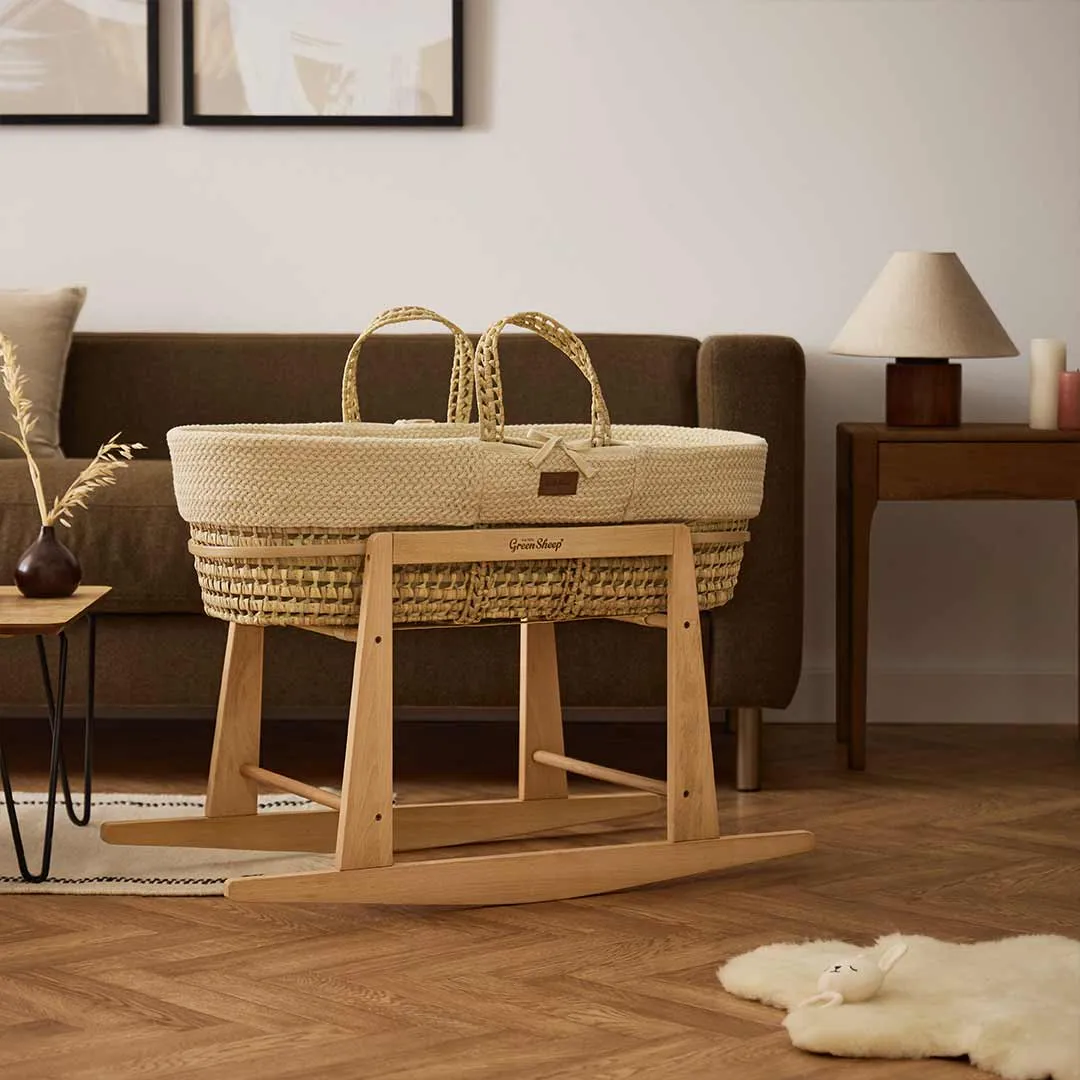 The Little Green Sheep Organic Wheat Knit Moses Basket   Mattress - Linen