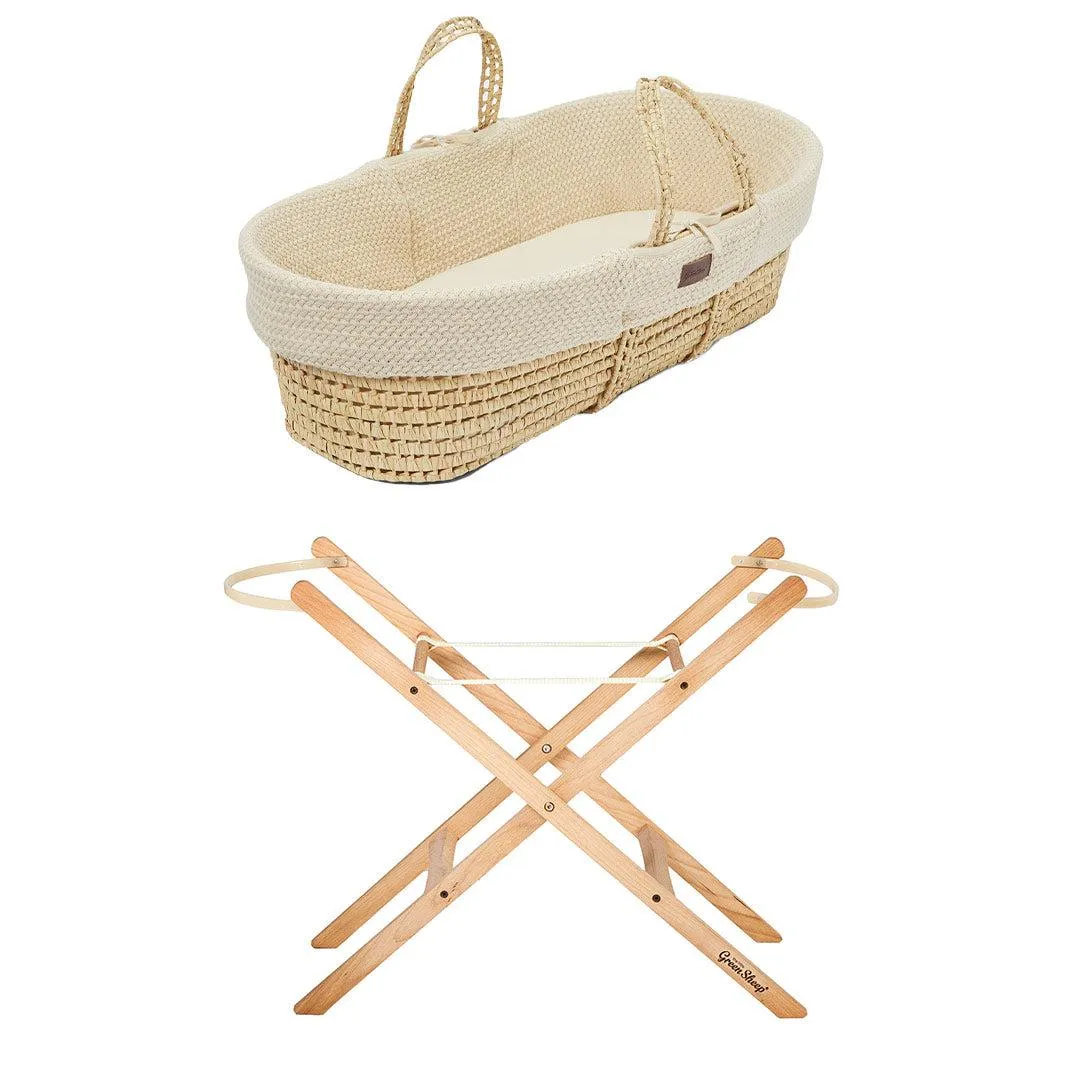 The Little Green Sheep Organic Wheat Knit Moses Basket   Mattress - Linen
