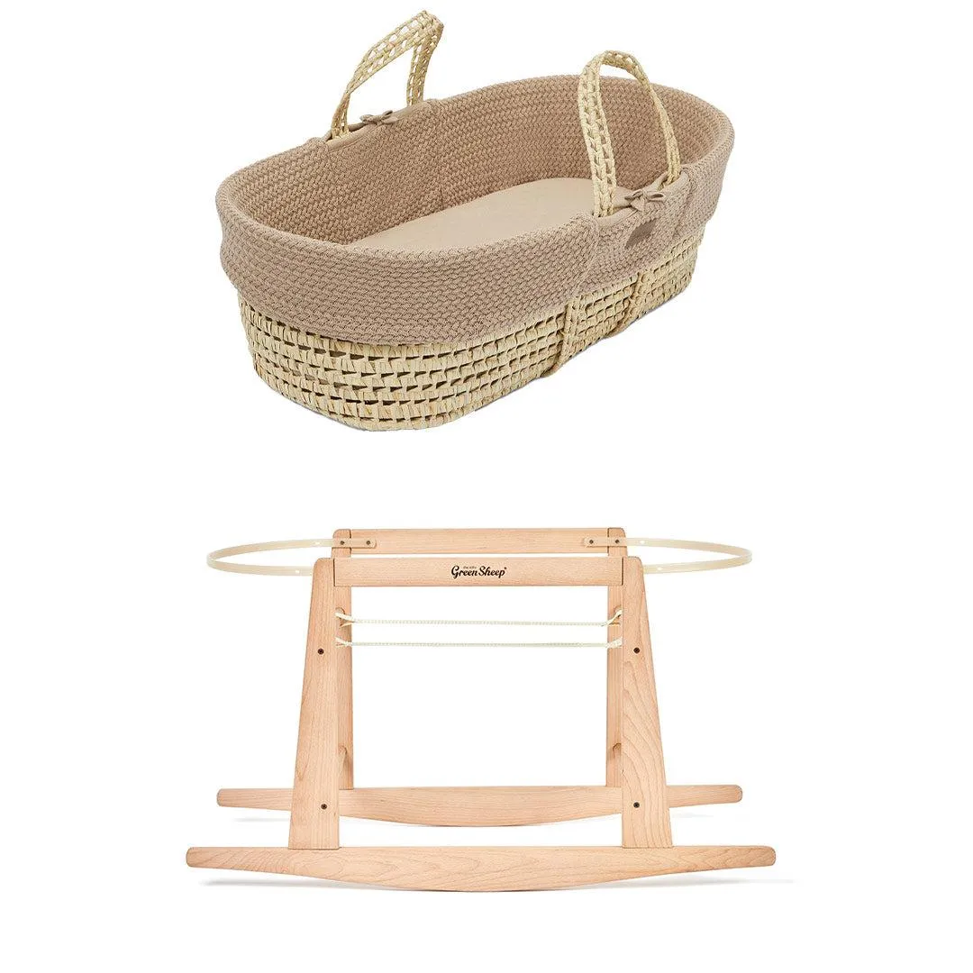 The Little Green Sheep Organic Wheat Knit Moses Basket   Mattress - Truffle