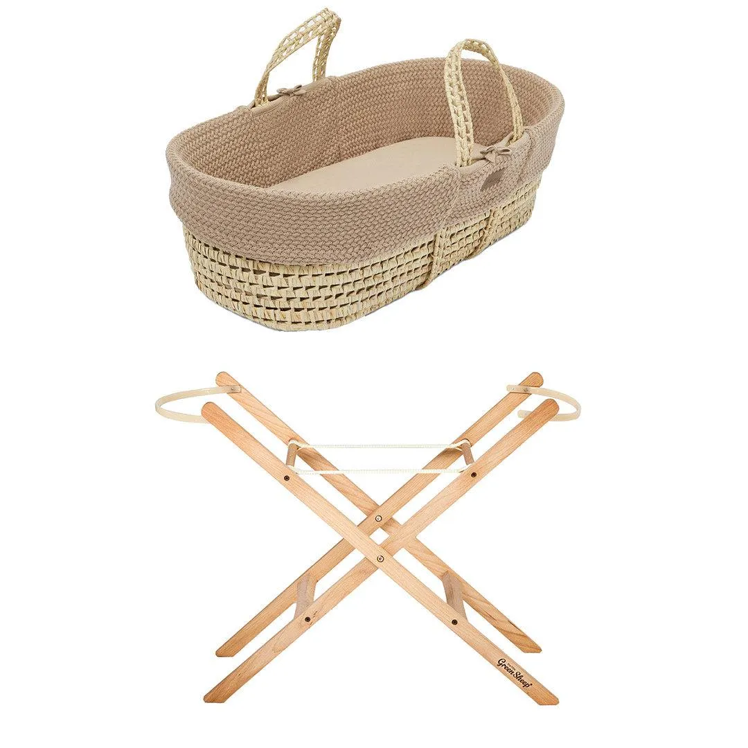 The Little Green Sheep Organic Wheat Knit Moses Basket   Mattress - Truffle